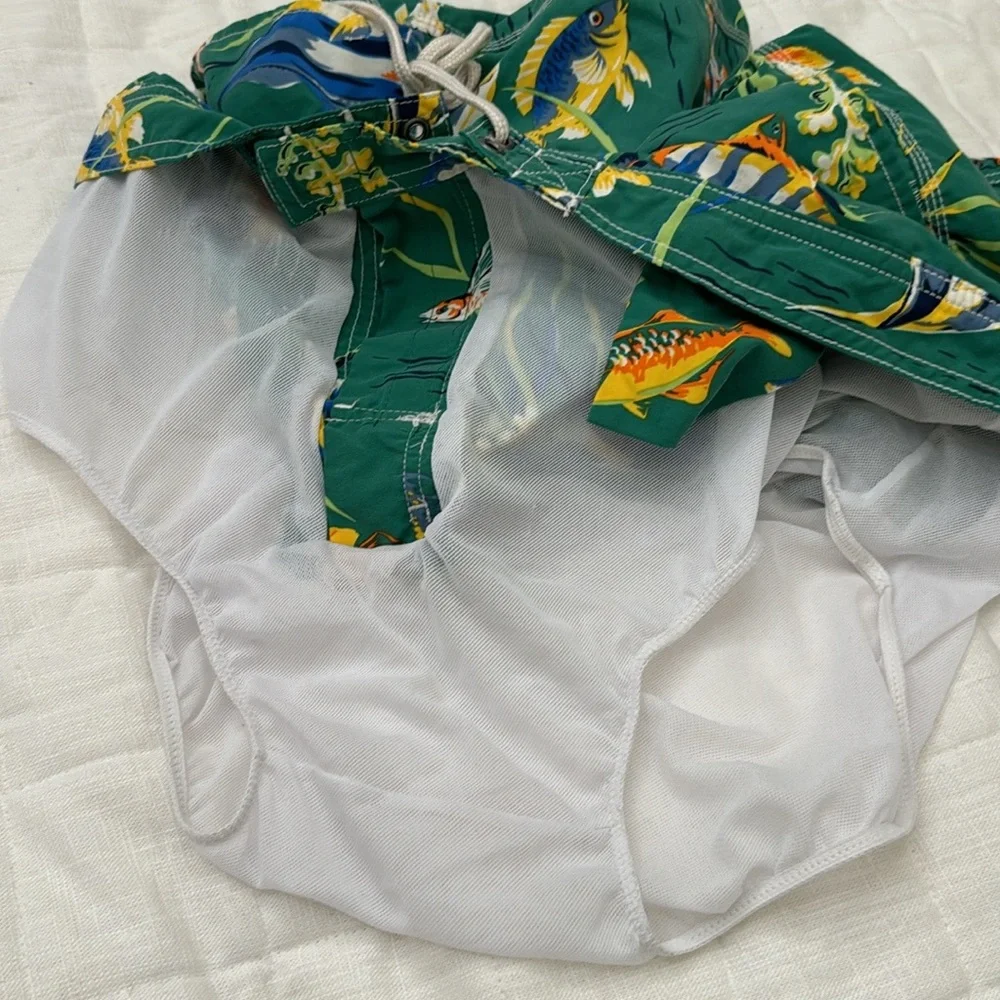 POLO RALPH LAUREN Swim Trunks Mens Sz XL Green Multicolor Fish Print Lined Board